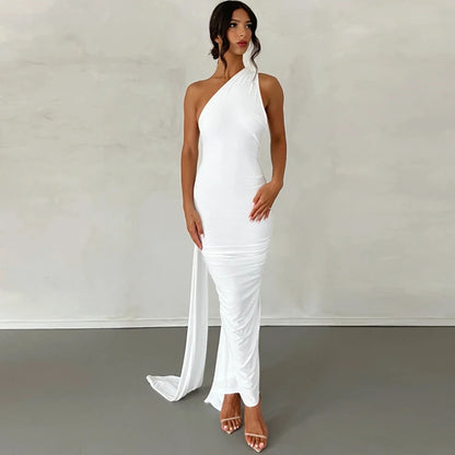 Hugcitar One Shoulder Backless Adjustable Scarf Loop Ruched Sexy Maxi Dress 2025 Women Elegant Y2K Streetwear Festival Outfit