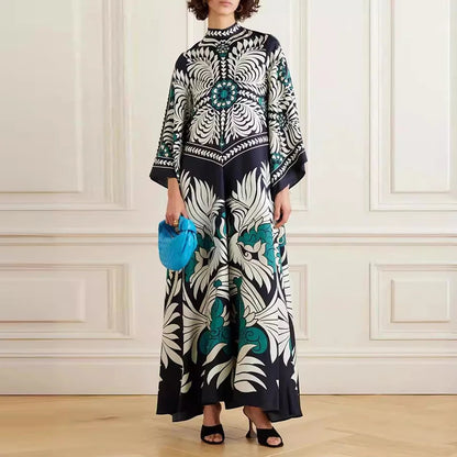 Ethnic Retro Spring Print Boho Long Dress Women Sexy Stand Collar Lace-up Party Dress Fall Long Sleeve Loose Ladies Maxi Dresses