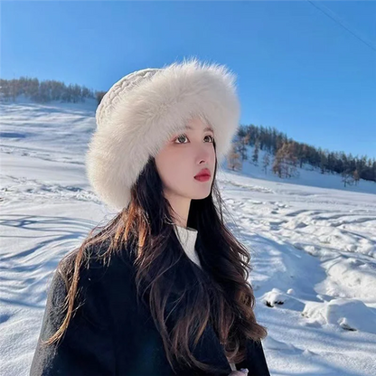 HOES-Women's Bucket Hat Plush Protection From Cold Fashionable Winter Hat For Women Winter Cap -Black