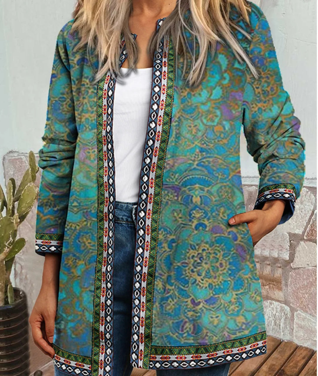 Autumn Winter Fashion Colorful Boho Floral Print Open Front Cardigan Casual Loose Long Sleeve Lightweight Jacket With Pockets