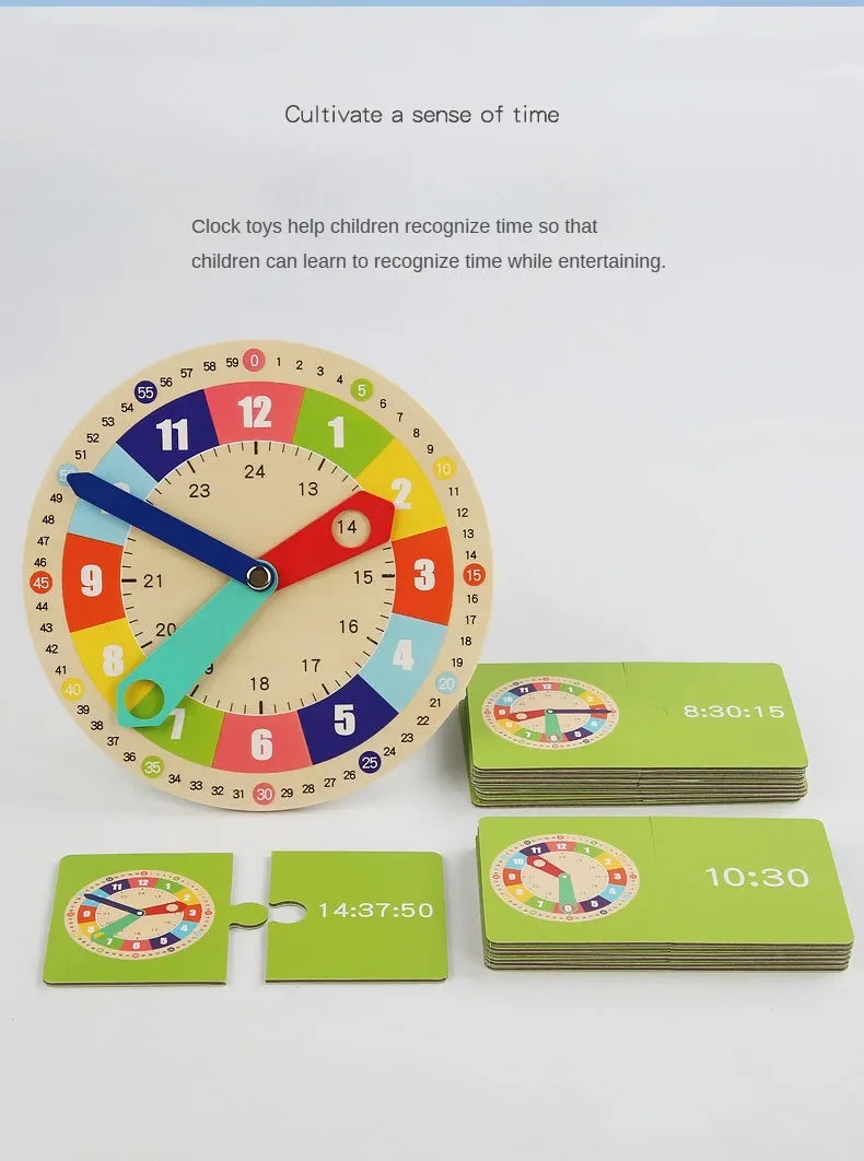 Wooden Clock Model Teaching Aid Montessori Learning Clocks with Cards Kindergartner Toy for Game Interaction Playroom Wall