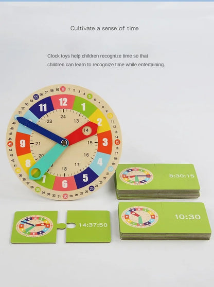 Wooden Clock Model Teaching Aid Montessori Learning Clocks with Cards Kindergartner Toy for Game Interaction Playroom Wall