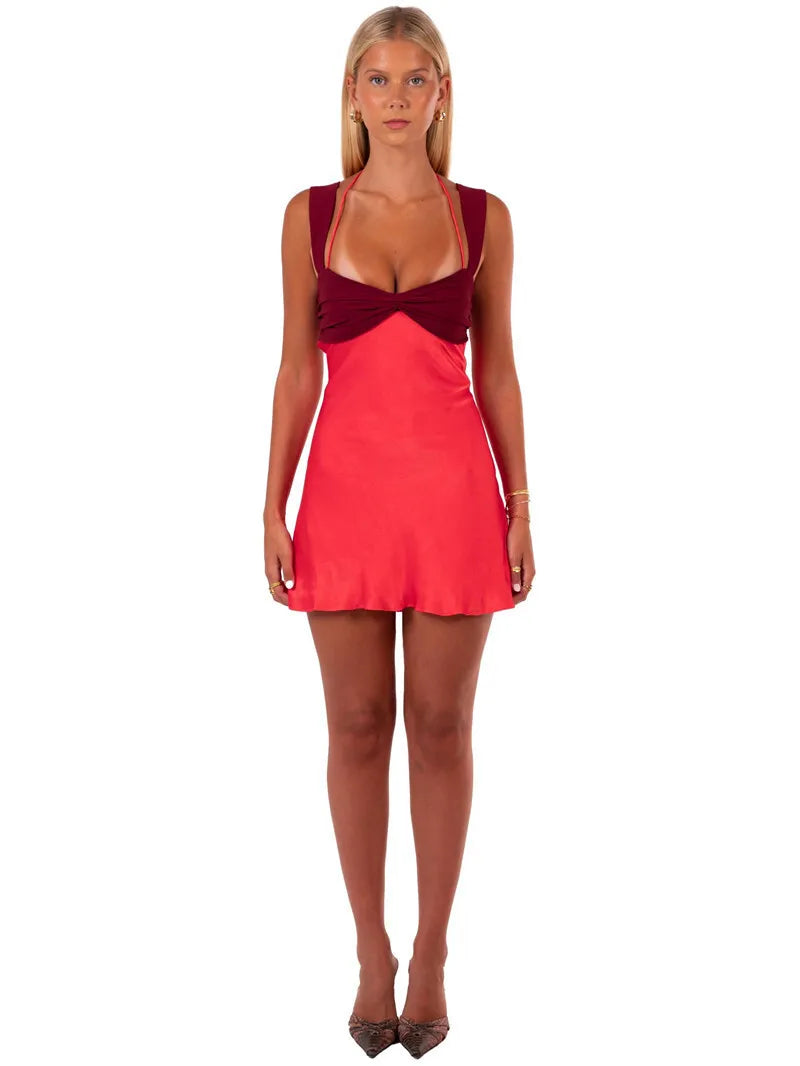 Mozision Patchwork Sleeveless Sexy Mini Dress For Women Robe Satin Strapless Backless Lace-up High Waist A-line Club Dress