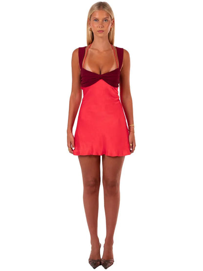 Mozision Patchwork Sleeveless Sexy Mini Dress For Women Robe Satin Strapless Backless Lace-up High Waist A-line Club Dress