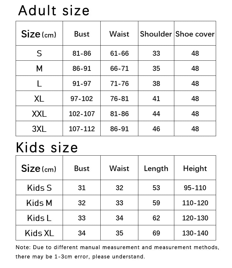 EtherealBe Superwoman dress cosplay costume size chart for adults and kids with detailed measurements
