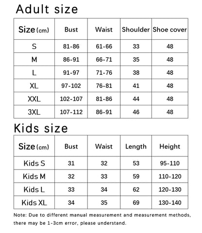 EtherealBe Superwoman dress cosplay costume size chart for adults and kids with detailed measurements