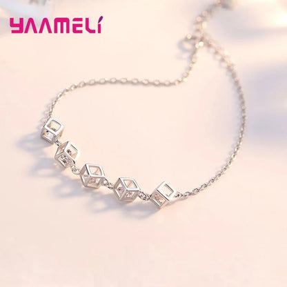 Top Sale 925 Sterling Silver Color Jewelry Gift Set Cube Cubic Zircon Necklace/Earrings/Bracelet/Ring for Wedding Engagement