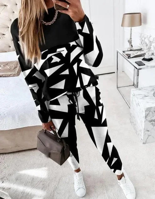 Autumn Winter Fashion Sports Style Two Piece Set Women Casual Printing Long Sleeve Tshirt Pants Two Piece Set Women