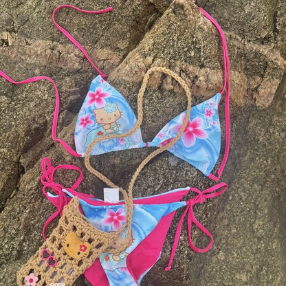 Kawaii Japanese Hello Kitty Girls Split Strap Summer Bikini Seaside Fashion Resort Swimsuit Leopard Print Cartoon Dopamine Swim