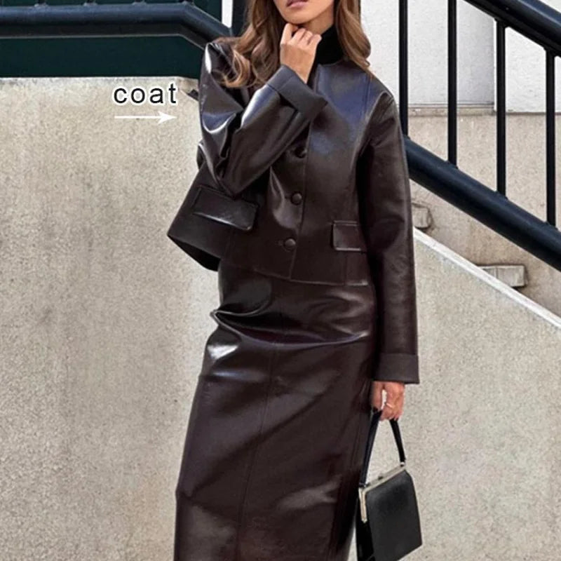 Vintage Women Leather Sets Lapel Single Breasted Jacket Slim Fit Mini Skirt Retro Fashin Female Suit 2024 Lady Jacket Skirt Sets