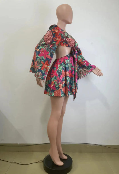 Two Piece Sets Women Skirt Set Print Floral Matching Sets V Neck Flare Sleeve Top Short Skirts Dress Sets Lace Up High Waist