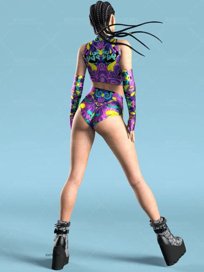 Adult Sleeveless Multicolor Role Play Bodysuit Swimsuit Women Sexy Hollow Off Shoulder Graffiti Art Bodycon Performance Costume