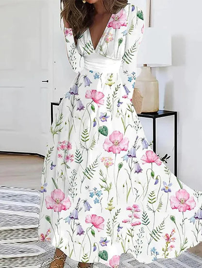 Autumn Floral Elegant Party Long Dress For Women Sexy Deep V Neck Long Sleeve Slim White Print Casual Maxi Dresses 2024 Spring