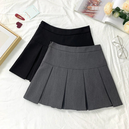 ZOKI  Vintage Gray Pleated Skirt Women Kawaii High Waist Mini Skirts Korean Fashion School Uniform Harajuku Streetwear Spring