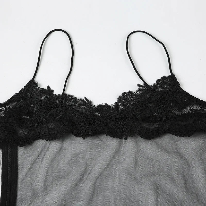 Shestyle Lace Transparent Mini Dress Sexy Women Wrapping Spaghetti Embroidery Flower Sheath Nightwear Club Mesh Wave Fantacy