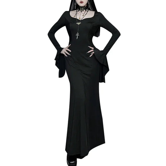 Cosplay Wednesday Dress Lady Halloween Costume for Women Sexy Long Fishtail Skirt Female Pagoda Sleeve Christmas Family Part # 1