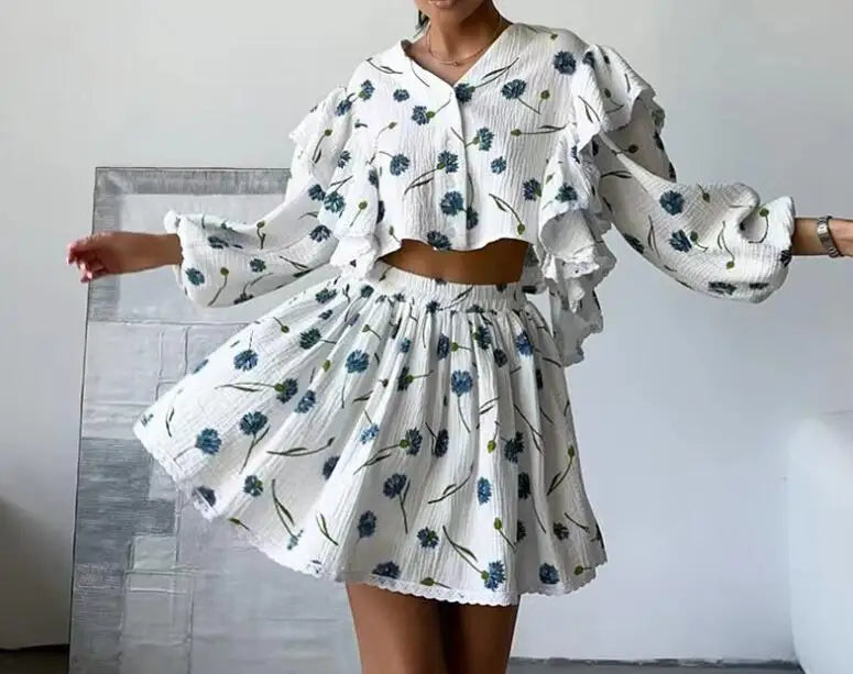 Spring And Summer New Fashion Ruffle Edge Long Sleeved Printed Shirt + Elastic Waist Short Skirt Set For Women,4 Colors