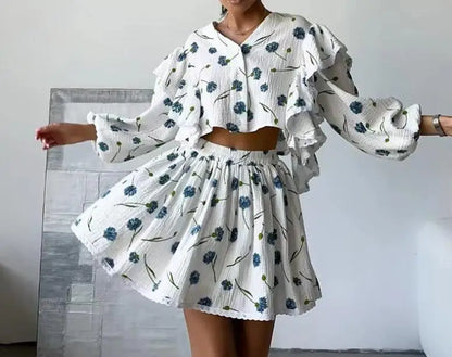Spring And Summer New Fashion Ruffle Edge Long Sleeved Printed Shirt + Elastic Waist Short Skirt Set For Women,4 Colors