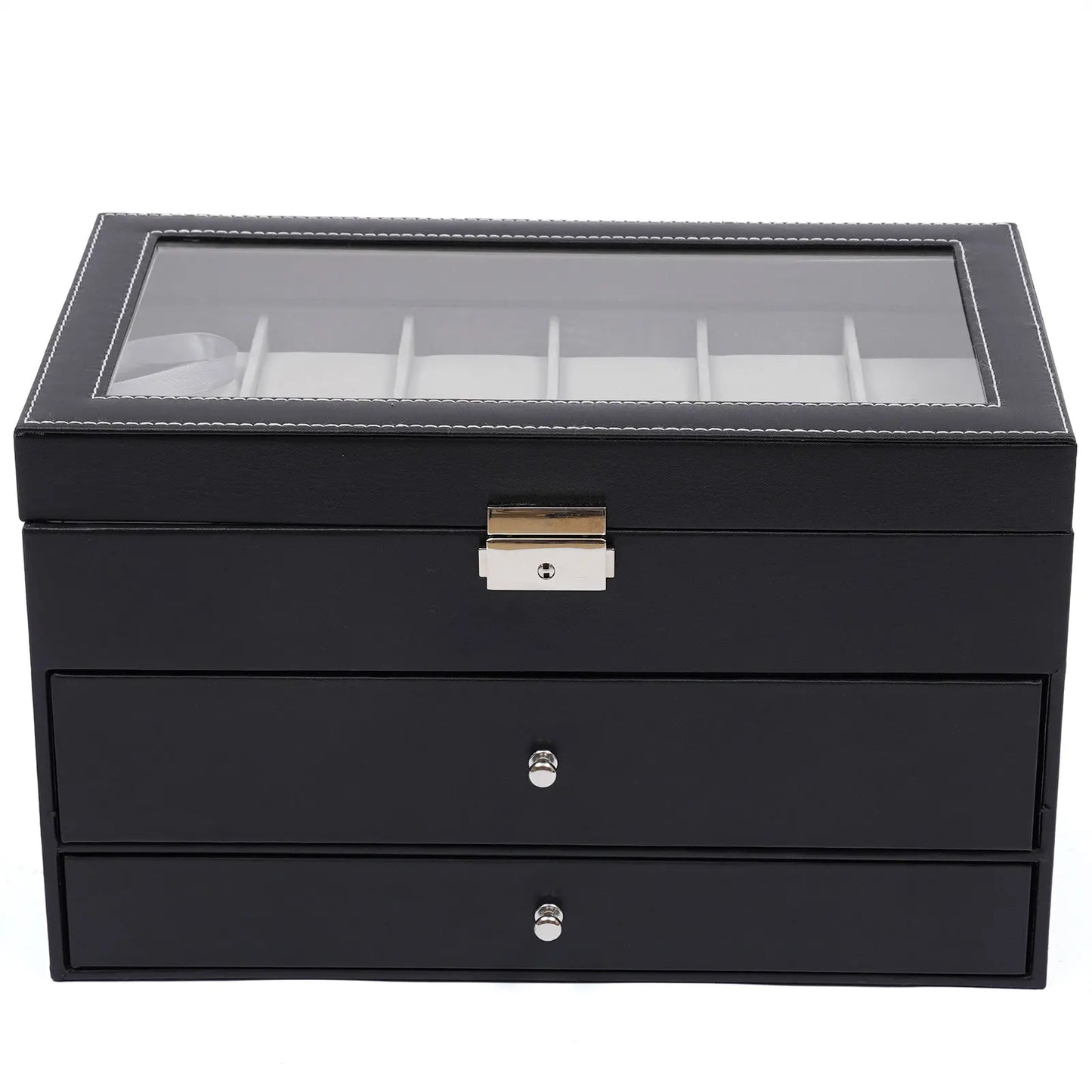 3 Layer Leather Watch Box with Glass Window for 12 Watch Eyeglasses&Sunglasses Jewelry Display Drawer Case Organizer Black