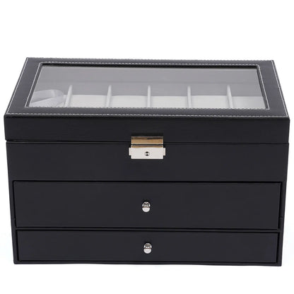 3 Layer Leather Watch Box with Glass Window for 12 Watch Eyeglasses&Sunglasses Jewelry Display Drawer Case Organizer Black