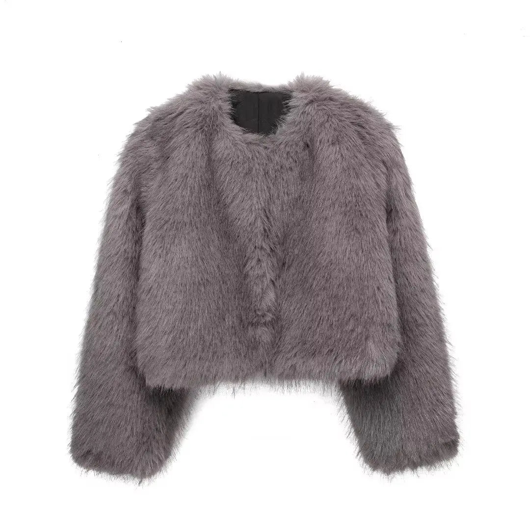 HH Women Winter Fashion Artificial Fur Effect Short Jacket Coats Female O-Neck Vintage Long Sleeve Loose Warm Top Streetwear