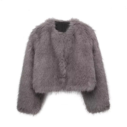 HH Women Winter Fashion Artificial Fur Effect Short Jacket Coats Female O-Neck Vintage Long Sleeve Loose Warm Top Streetwear