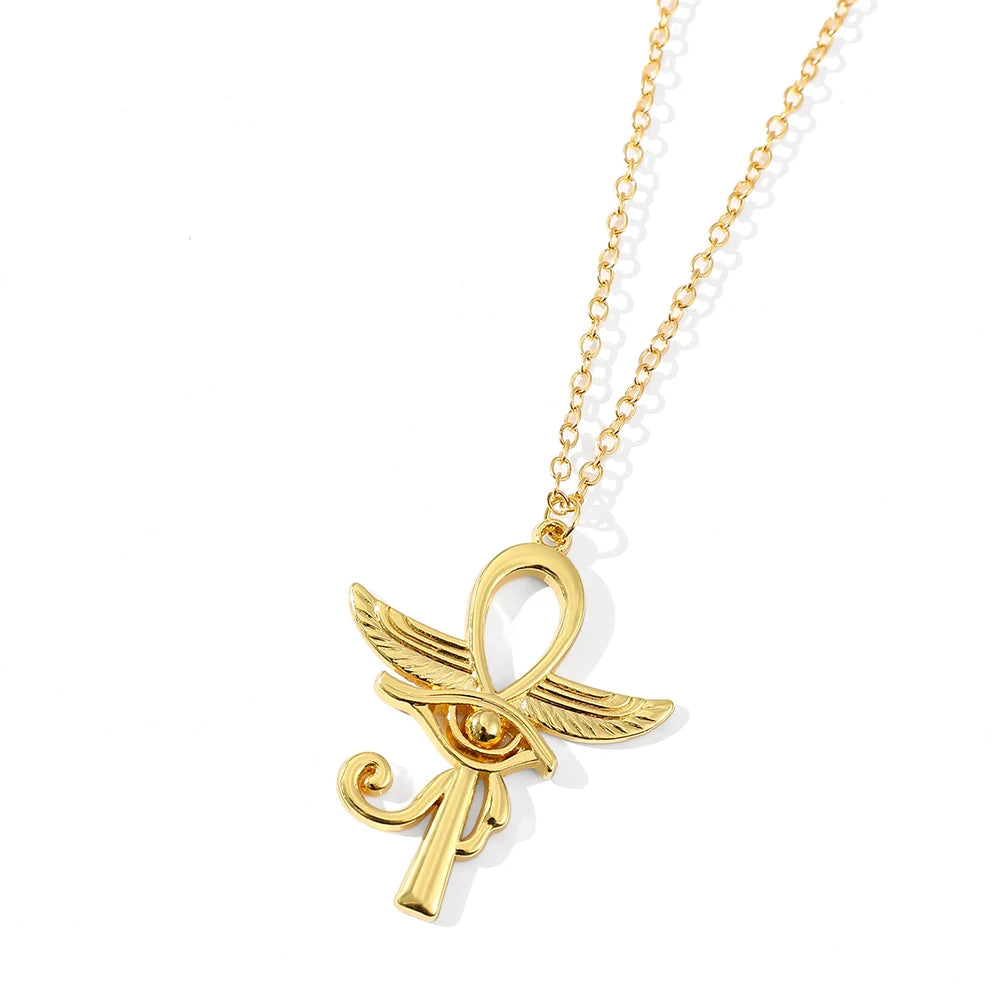 Eye Of Horus Ankh Necklace Women Men Ancient Egypt Wing Ankh Cross Pendant Necklaces Choker Silver Gold Plated Religious Jewelry