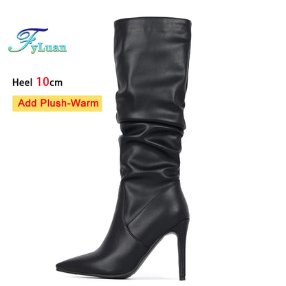 2025 Winter Knee Boots With Heels Woman 10CM Stiletto Fashion Slip on Pointy Autumn Shoes Women Soft Leather Pleated Long Boots