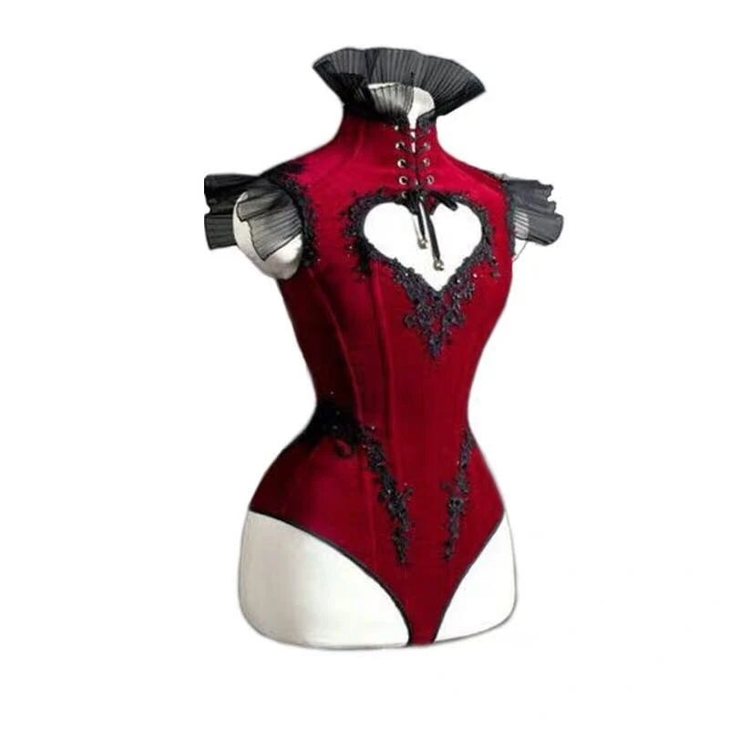 Wine Red Heart Cutout Strap Bodysuit Vintage Sexy High Neck Women Birthday Party Outfit Nightclub Bar Stage Performance Leotard
