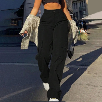 Ladies' Street Fashion Multi Pocket Cargo Pants Summer Solid Color Straight Leg Pants High Waist Slimming Loose Fit Cargo Pants