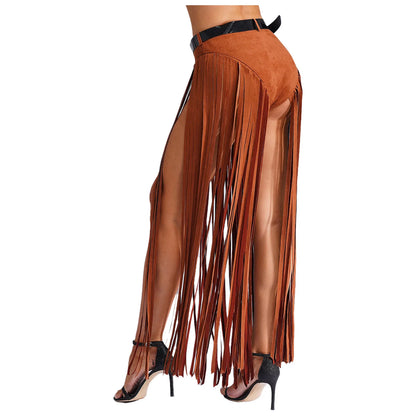 Womens Hippy Cosplay Costume High Waist Suede Underwear with Long Tassels And Belt Halloween Dress Up 70s Disco Costume