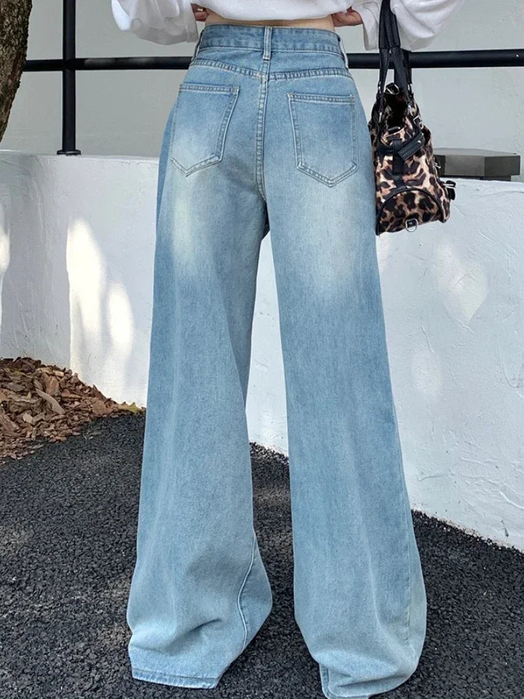 Women's Jeans Denim Pants 2025 Euramerican High Waist Girl Style Jean Trousers Colorful Straight Leg Wide Leg Pants