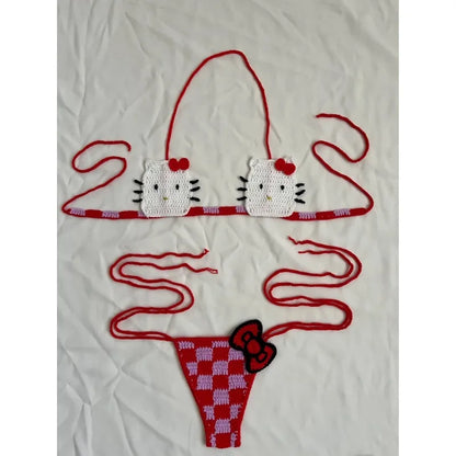 Sanrio Crochet Bikini Set Cute Girls Swimsuits Hello Kitty Sexy Bathing Suit Micro Ties Bikinis Beachwear Women Swimming Suit