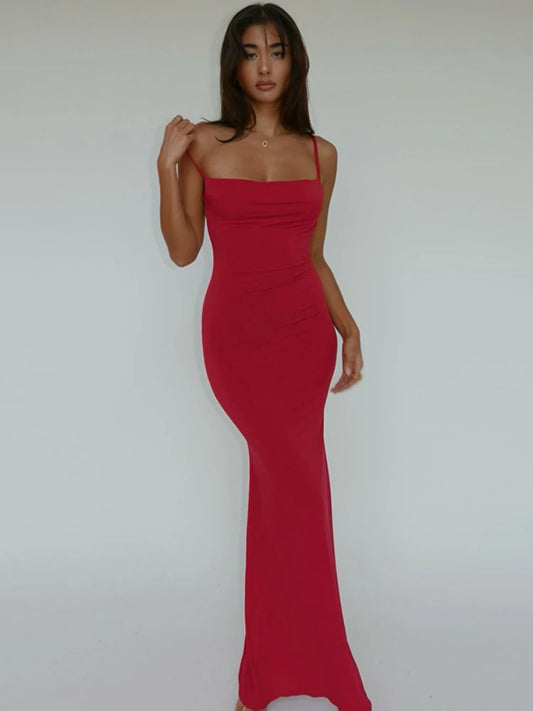 WeiYao Sexy Slim Backless Camisole Dress Solid Color Sleeveless Slash Neck A-line Maxi Dresses For Women Summer Women's Clothes