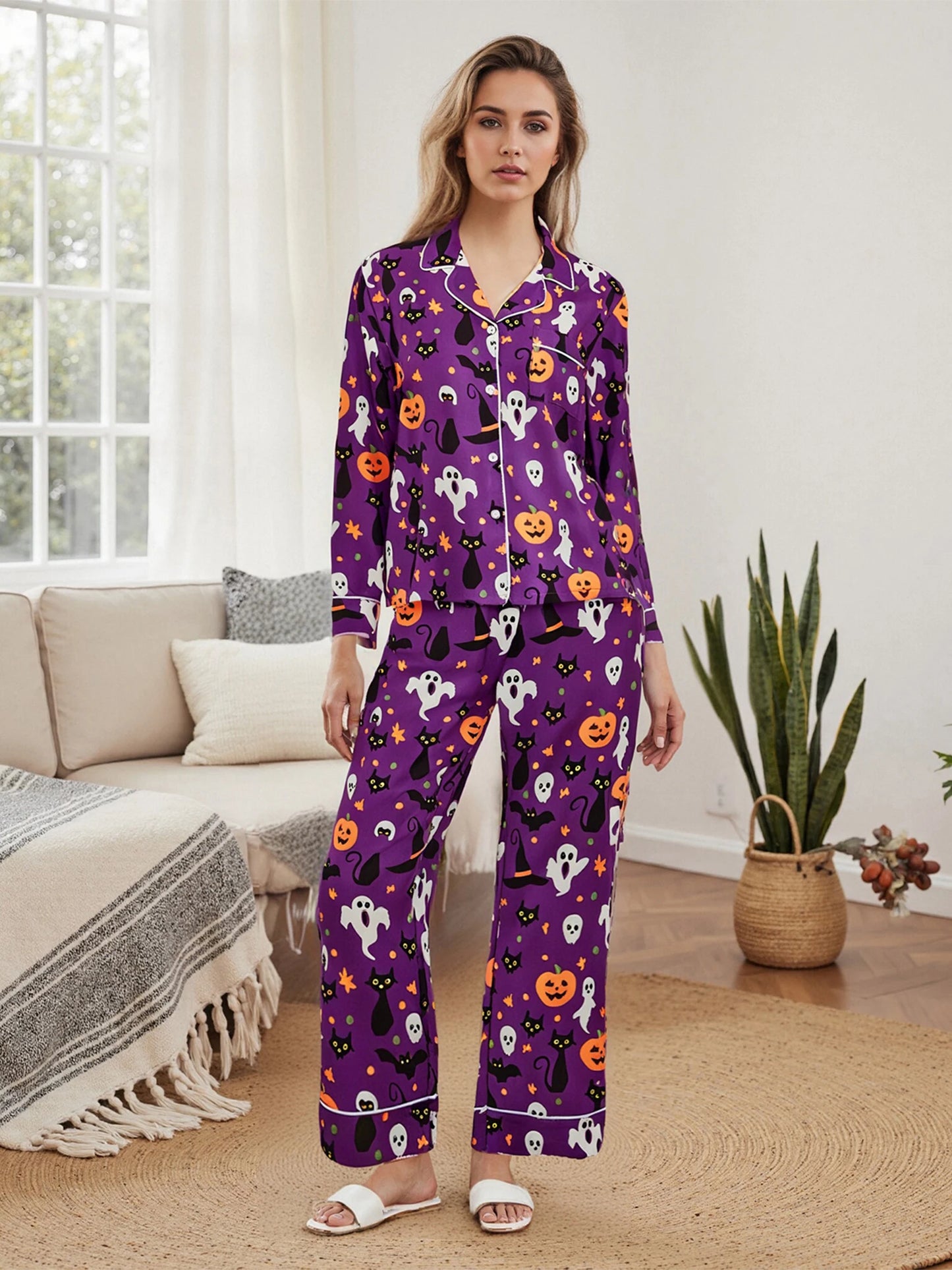 Women Halloween Pajama Set Pumpkin Ghost Long Sleeve Tops + Pants For Nightwear Homewear Casual Wear