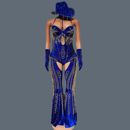 Women Sparkly Rhinestone Red Bodysuit 4Pieces Set Nightclub Party Stage Show Outfit Cabaret Carnival Showgirl Sexy Wear Hongding