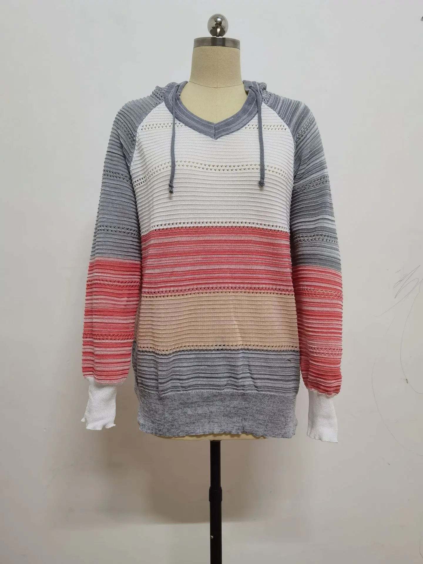 Women Patchwork Hooded Sweater Casual Long Sleeve Knitted Sweater Top Striped Elegant Pullover Jumpers Autumn Winter Plus Size