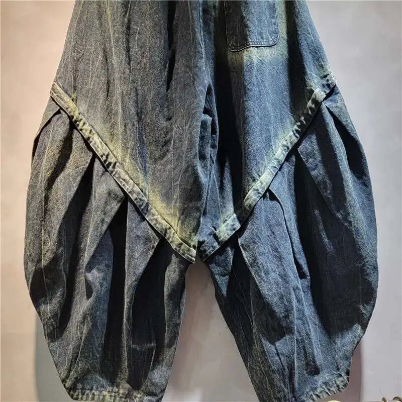 DEAT Personality Loose Denim Pants For Women 2025 Spring New Item High Elastic Waist Big Size Splicing Jeans Female 11A02417