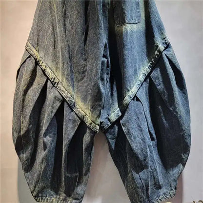 DEAT Personality Loose Denim Pants For Women 2025 Spring New Item High Elastic Waist Big Size Splicing Jeans Female 11A02417