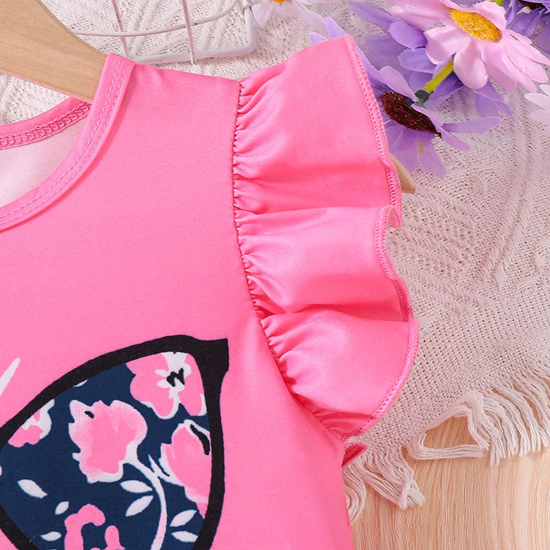 Kids Clothes Sets For Girls Pink Graffiti Print Fly-Sleeve Clothes And Print Shorts Children's Fashion 2PCS For Girls 4-7 Years