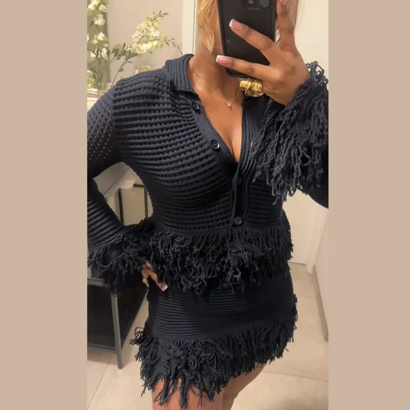 Sexy Knitted Tassel Top Skirt Women Set Dark Blue Long Sleeve Lapel Button Tops Pleated Mini Skirts 2025 Fashion Solid Lady Suit