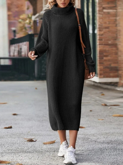 Winter New Women's Fashion Temperament Elegant Slim Fit Coat Long Woolen Dress Loose Casual High Neck Knitted Dress
