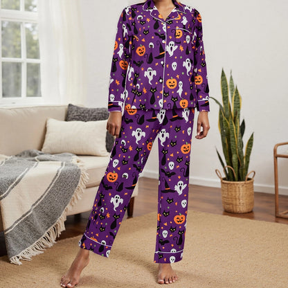 Women Halloween Pajama Set Pumpkin Ghost Long Sleeve Tops + Pants For Nightwear Homewear Casual Wear