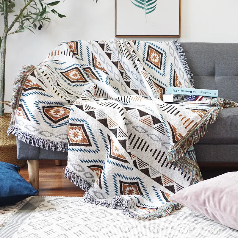Retro Indian Style Thread Blanket Countryside Geometry Sofa Cobertor Hanging Tapestry Cotton Knitted Sofa Blanket for Bed Travel