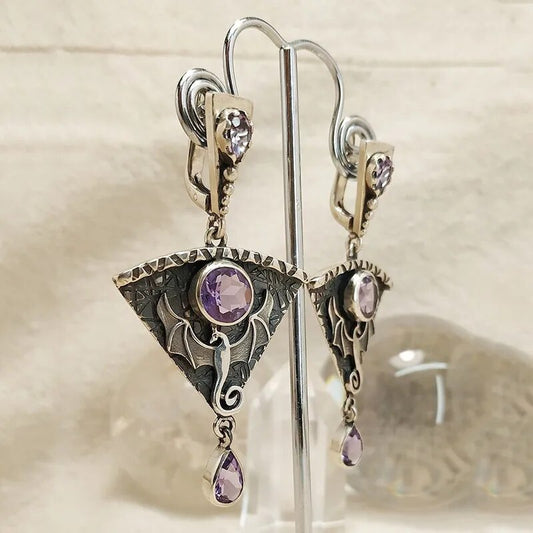 Vintage Exaggerated Dragon Gothic Punk Metal Earrings Ethnic Faux Pink Stone Pendant Earrings Jewelry