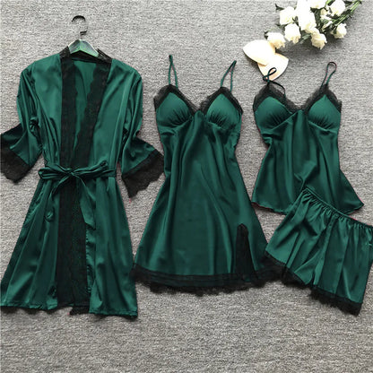 4 Pieces Pajamas Sets Satin Sleepwear Women Silk Nightwear Pyjama Strap Lace Sleep Lounge Pajama with Chest Pads