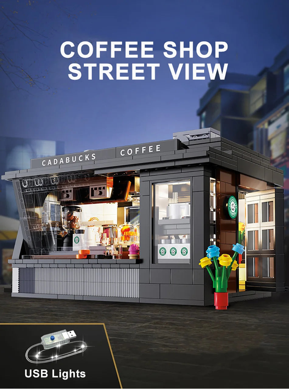 City 768Pcs Coffee Shop House With Led Lights Model Building Blocks Street View Cafe Store Assemble Bricks Toys Kids Adult Gift