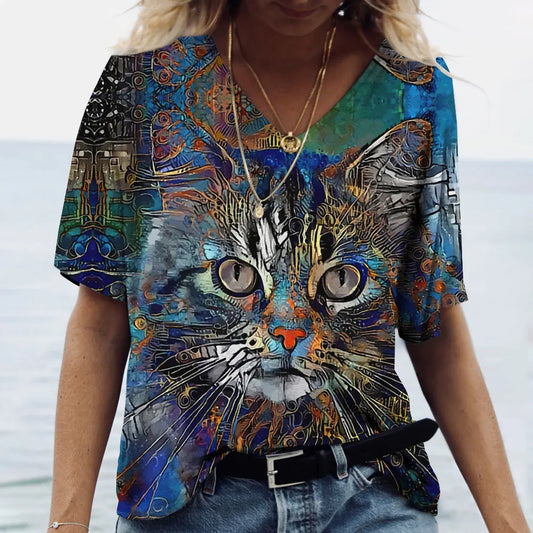 V Neck Tshirt Women's Summer Casual Oversize Dazzle Color Cats Print Shirt Short Sleeve Top Vintage FemaleStreetwear Y2k Clothes