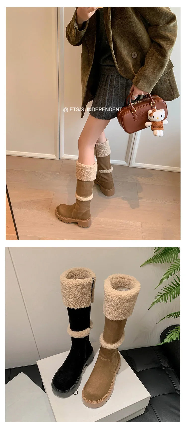 Thickened Lamb Wool Long Tube Snow Boots for Women New 2025 Autumn Winter Anti-slip Fleece-lined Cotton Shoes Knee High Boots