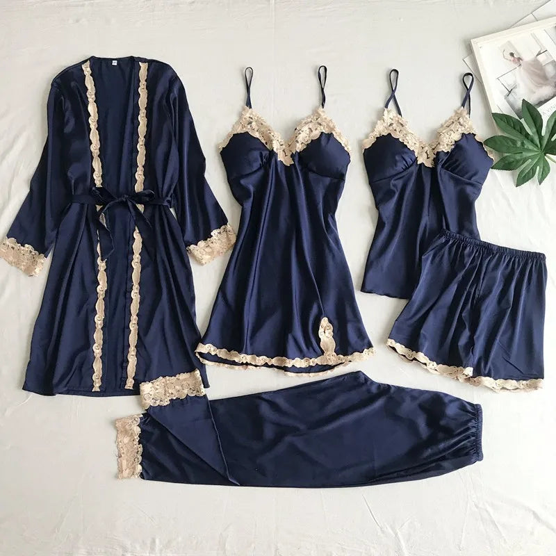2024 New Style Pajamas Set with Bra Pads, Silk Sexy Strappy Golden Floral Five-Piece Pajamas Thin Homewear